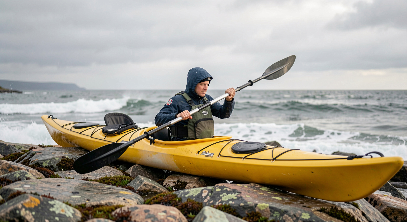 Gul havskajak ligger vid en klippstrand i motljus medan en paddlare drar på sig kapellet, låg sjö och grå horisont bakom.