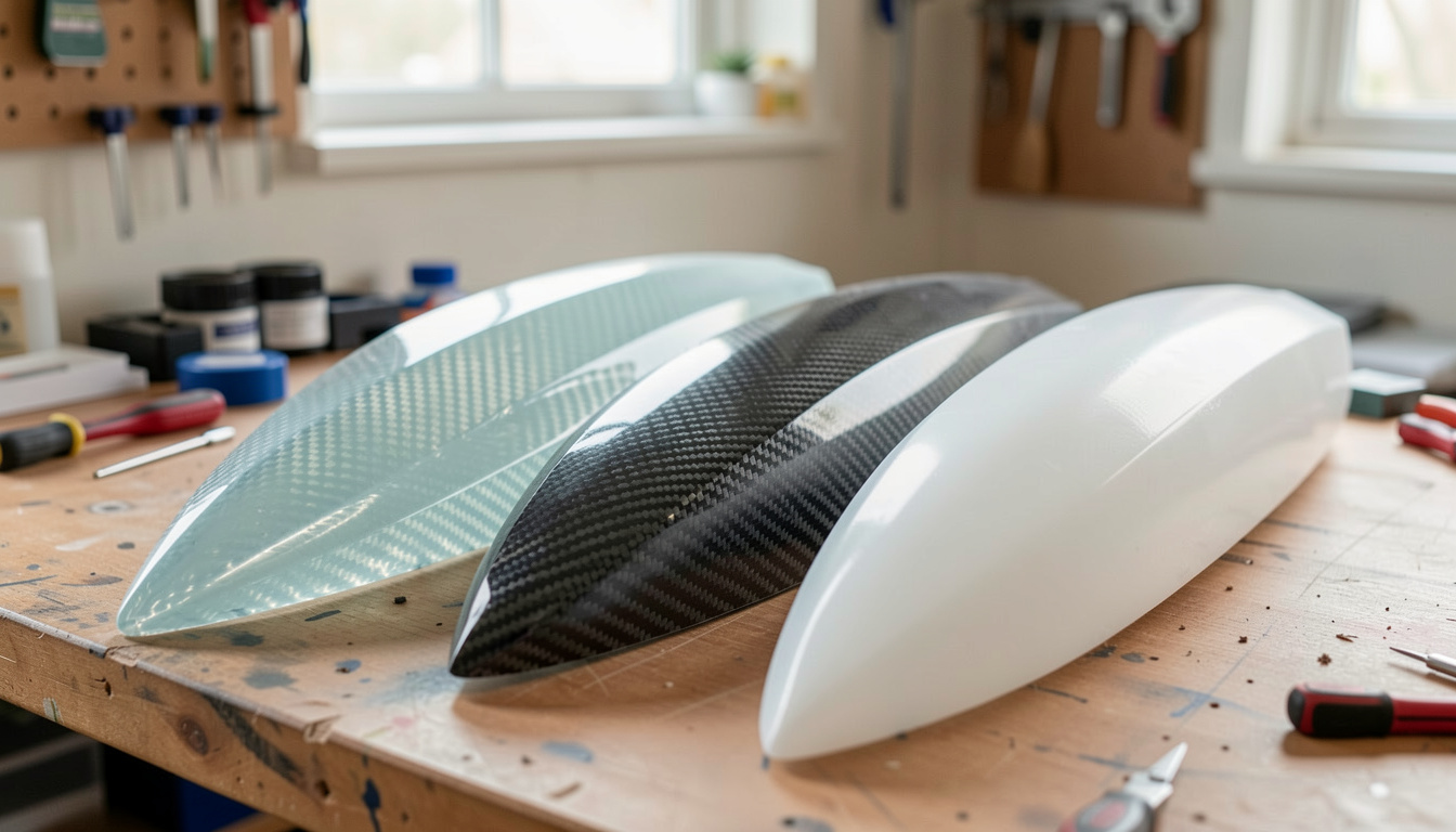 Närbild på tre skrovbitar i glasfiber, kolfiberväv och polyeten som ligger bredvid varandra på en verkstadsbänk.